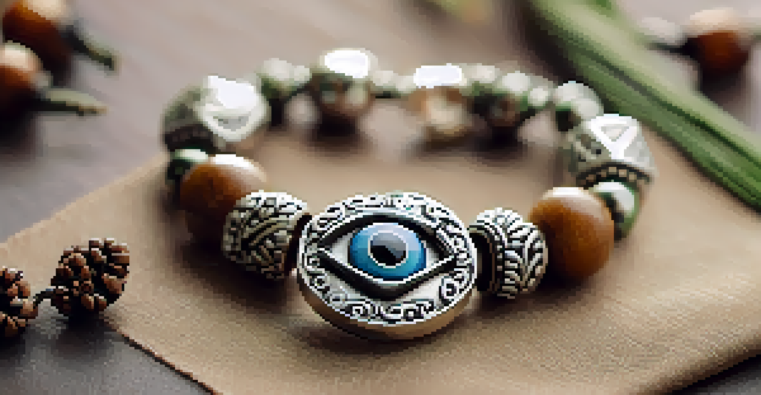 A close-up of a handcrafted silver bracelet with cultural symbols, resting on textured fabric surrounded by natural elements.