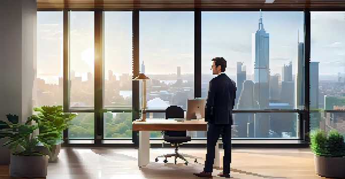 A confident professional in business attire standing in a modern office with a city skyline view.