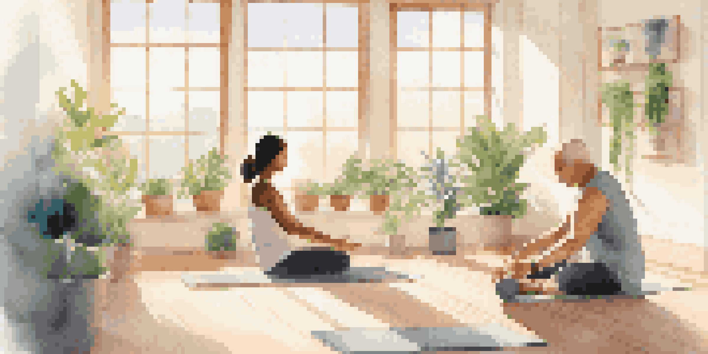 A fitness coach showing data on a tablet to a seated client in a yoga pose, surrounded by plants and natural light.