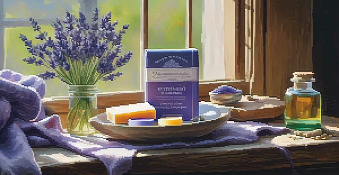 A warm and inviting soap-making setup with colorful ingredients and a freshly cut lavender soap bar.