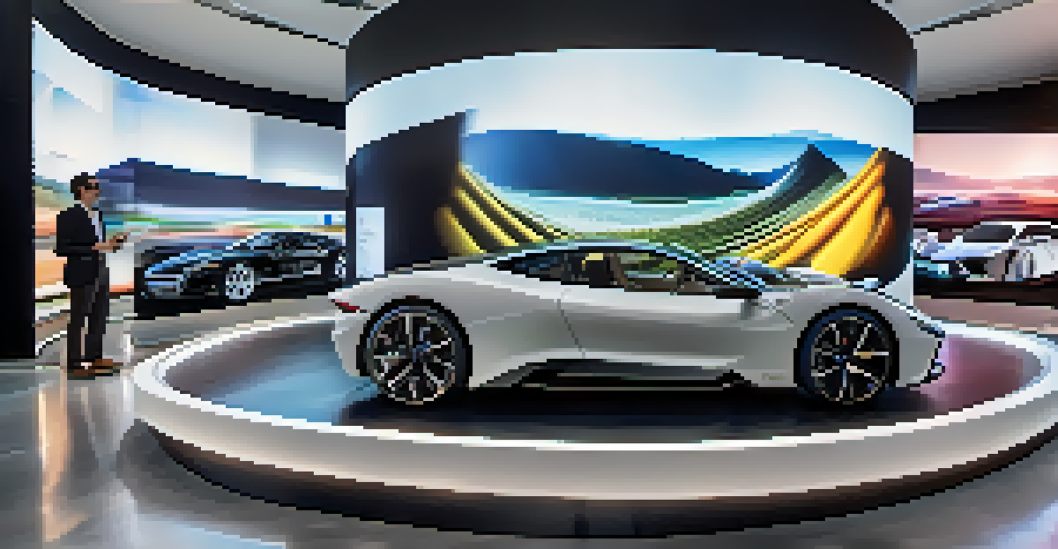 Visitors at a luxury car museum using virtual reality headsets to experience a simulated race, surrounded by luxury cars and interactive displays.