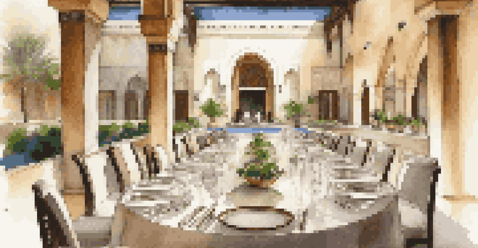 An elegant dining area in a luxurious heritage hotel, featuring beautifully arranged Middle Eastern dishes and a serene garden view.