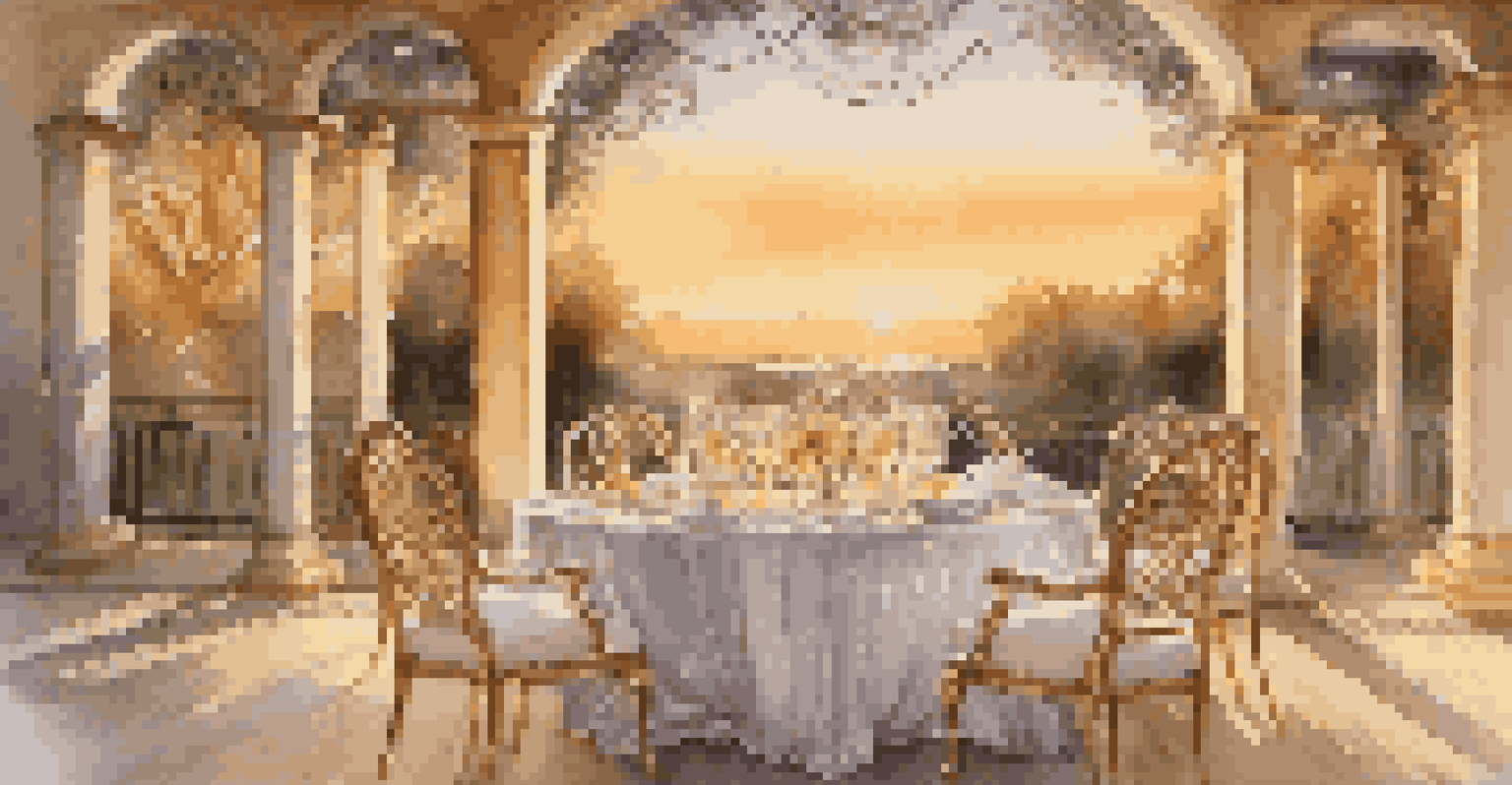 An outdoor dining table elegantly set for a meal at sunset, with fine china and flowers.