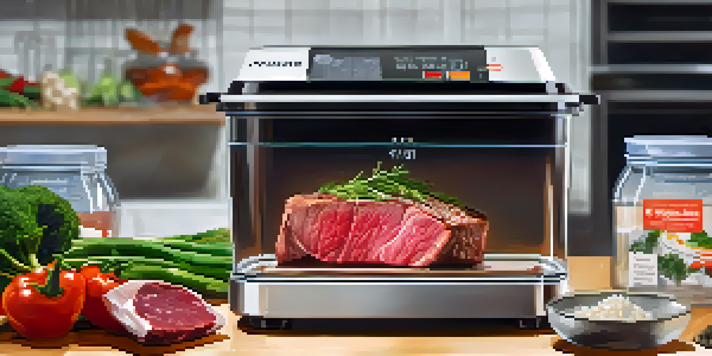 A sous vide cooking setup with an immersion circulator and vacuum-sealed bags of steak and vegetables in a pot of water.