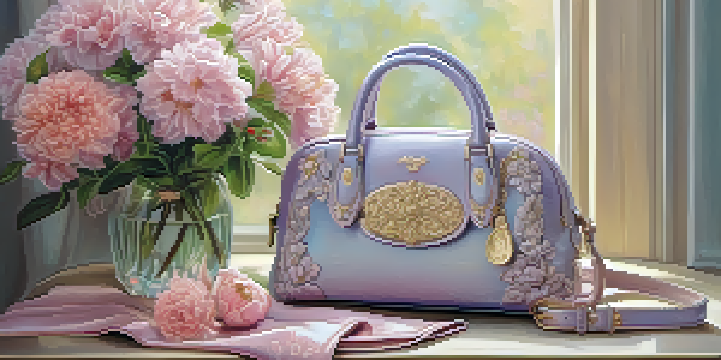 A luxurious handbag with floral patterns on a vintage wooden table, surrounded by pastel flowers and softly filtered morning light.