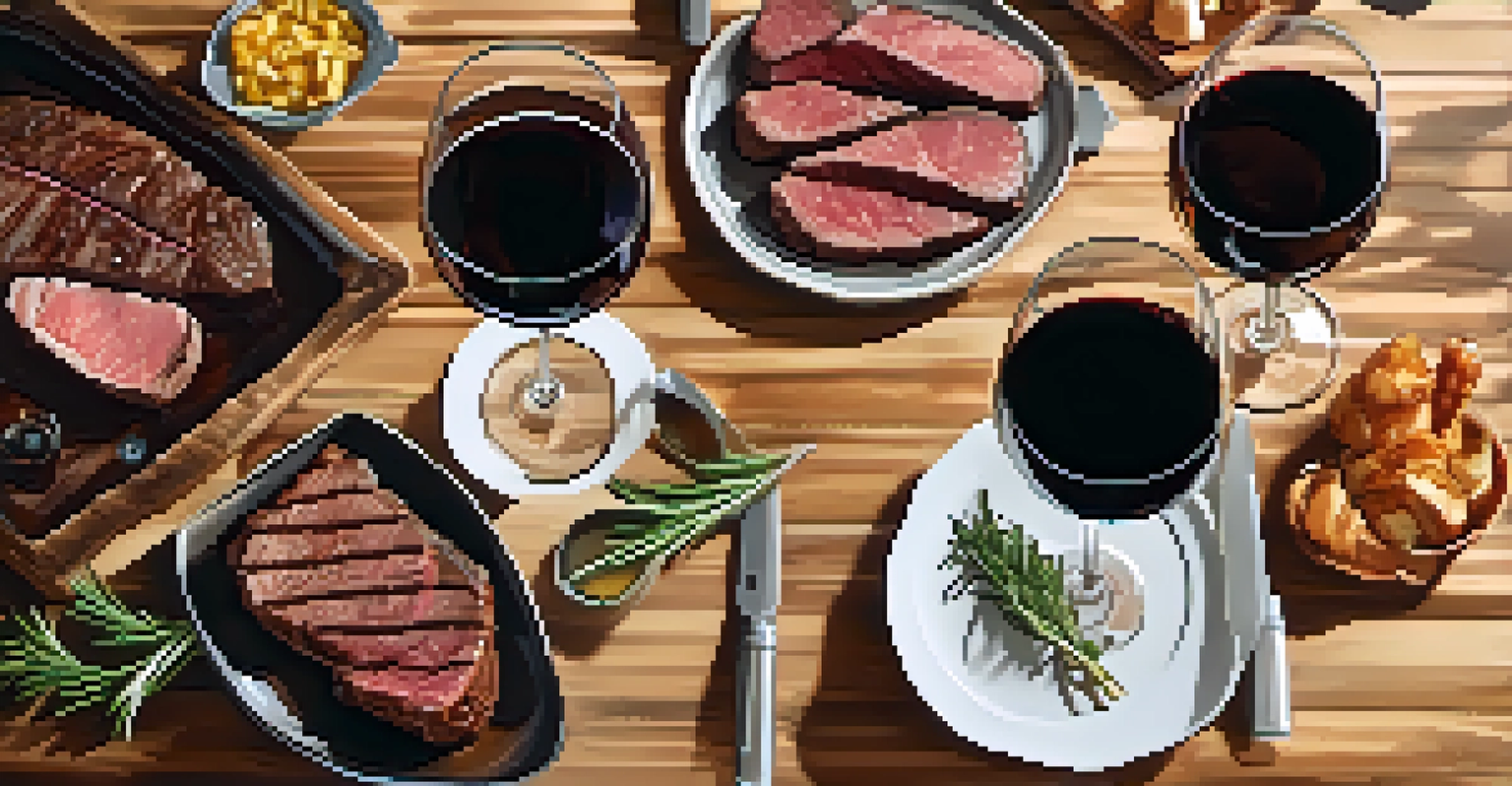 A rustic table with red wines and a hearty steak garnished with rosemary.