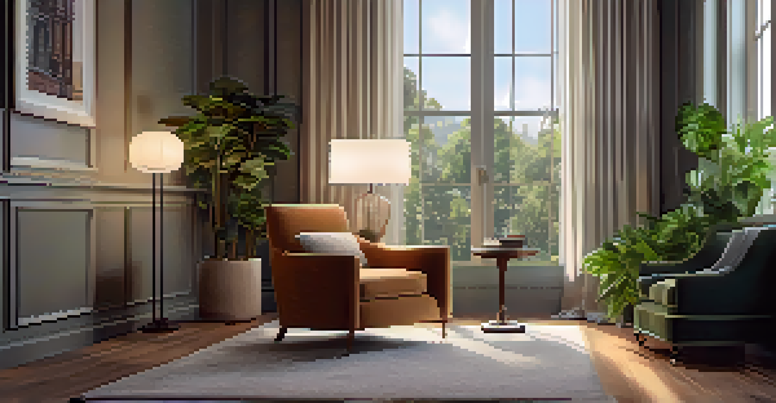 A cozy reading nook with an armchair, side table, and floor lamp, surrounded by natural light and greenery.
