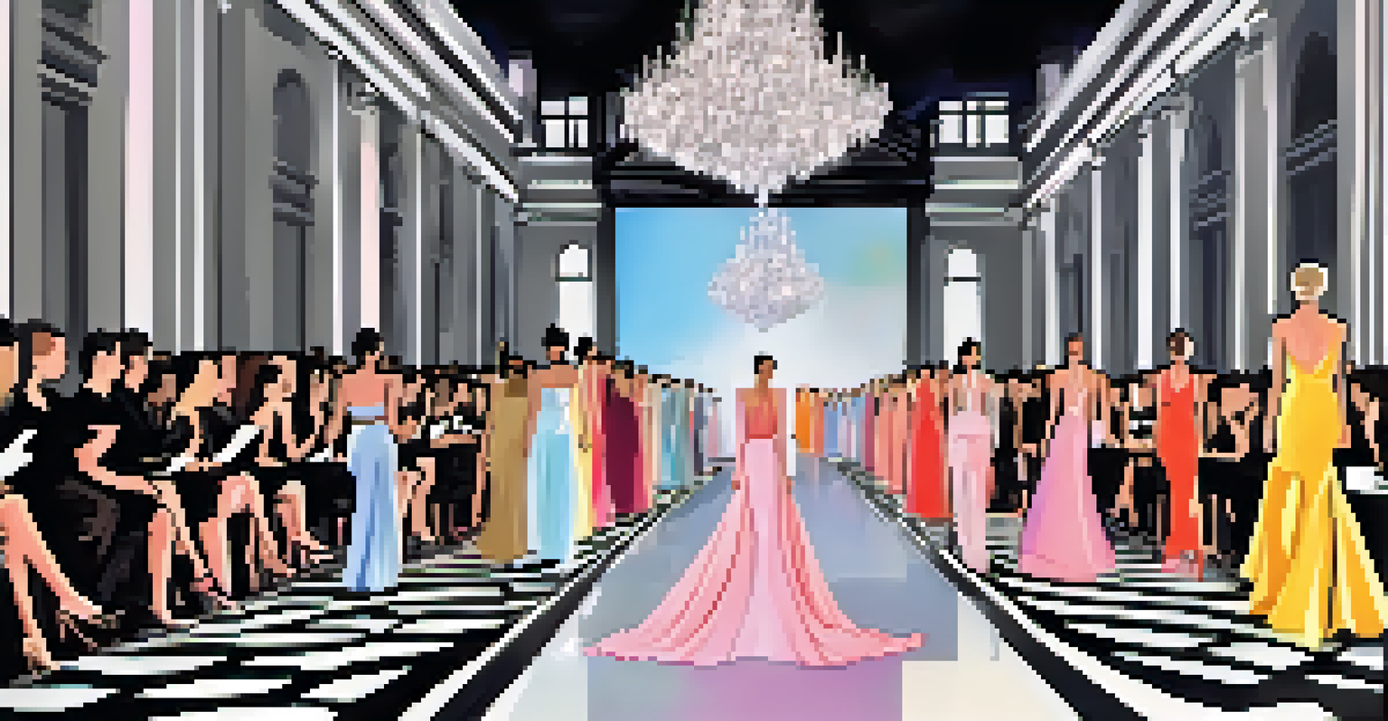 A high-end fashion show runway with models displaying couture designs, surrounded by stylish seating and dramatic lighting.