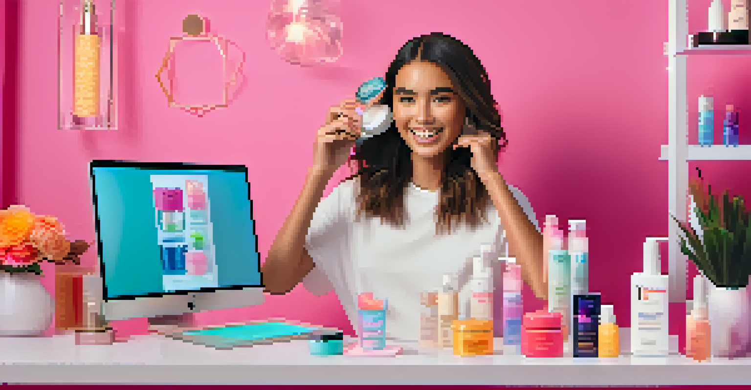 A young influencer demonstrating a skincare routine in a colorful TikTok video setup.