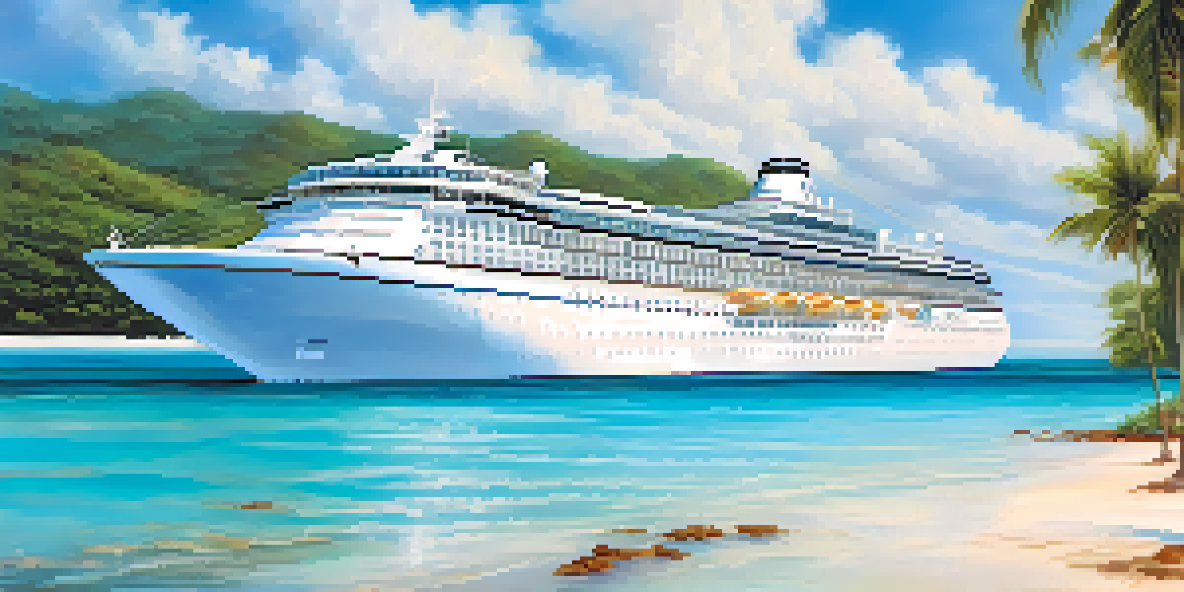 A luxury cruise ship docked at a beautiful tropical beach with clear waters and guests relaxing on the deck.