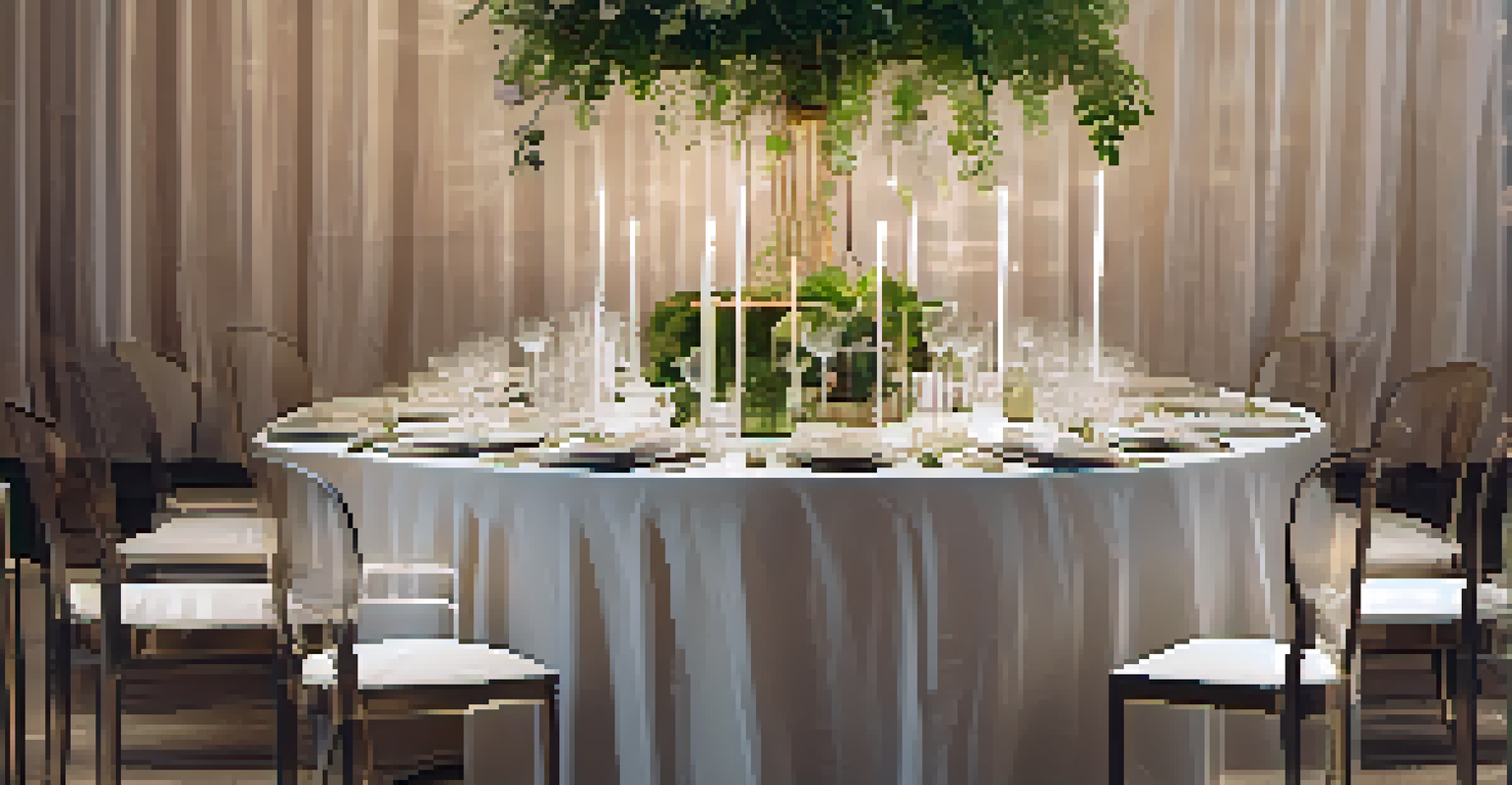 An elegant table setup for a sustainable luxury brand event, featuring eco-friendly materials and warm ambient lighting.
