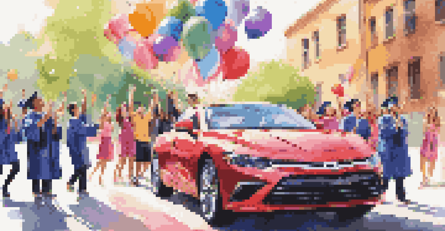 A group of excited graduates in caps and gowns posing next to a shining luxury sports car.