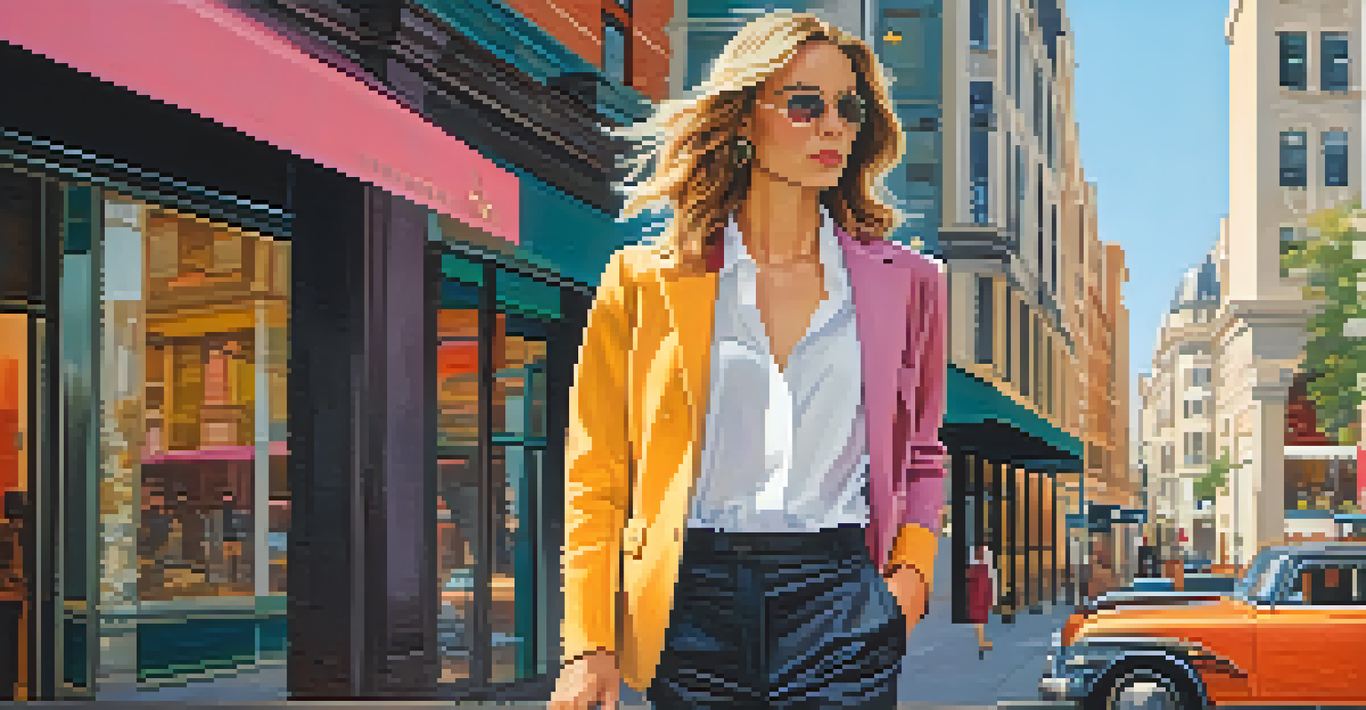 A stylish individual poses on a city street, showcasing high-end fashion combined with casual wear amidst modern buildings.