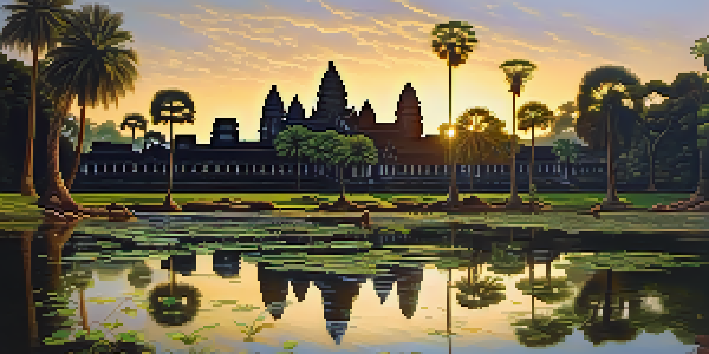 A beautiful sunrise view of Angkor Wat, with detailed carvings and lush surroundings, capturing visitors exploring the ancient site.