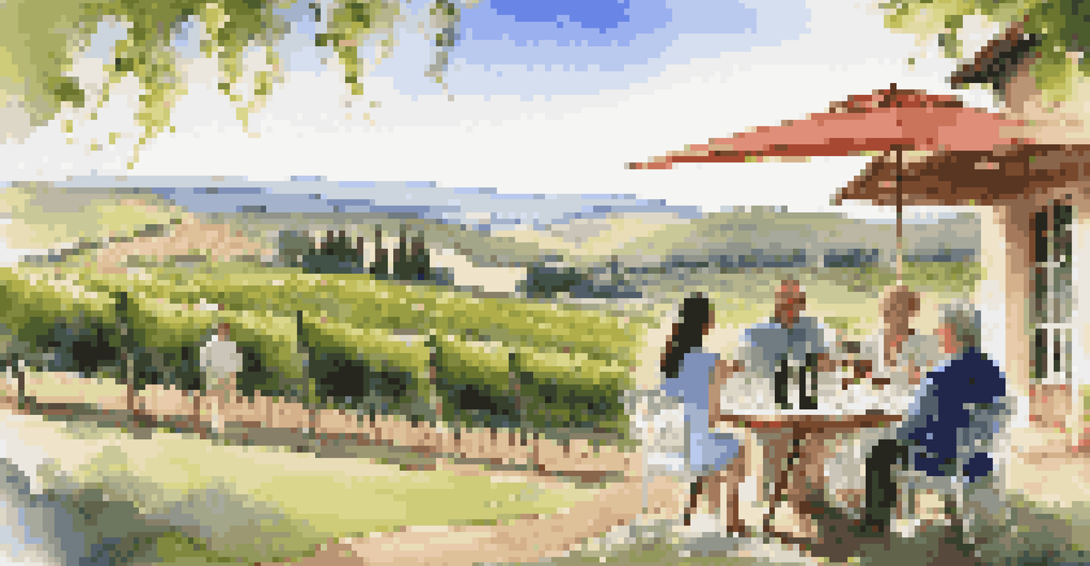 Luxury travel brand loyalty members enjoying a private tour in a vineyard, surrounded by lush grapevines and rolling hills.