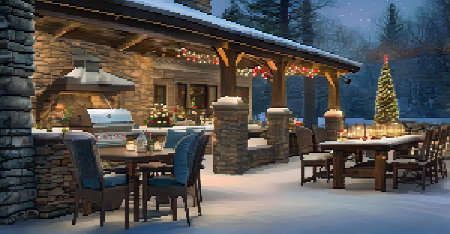 An elegant outdoor kitchen with a rustic fireplace and cozy seating, decorated for winter, featuring twinkling lights and a festive dining setup.