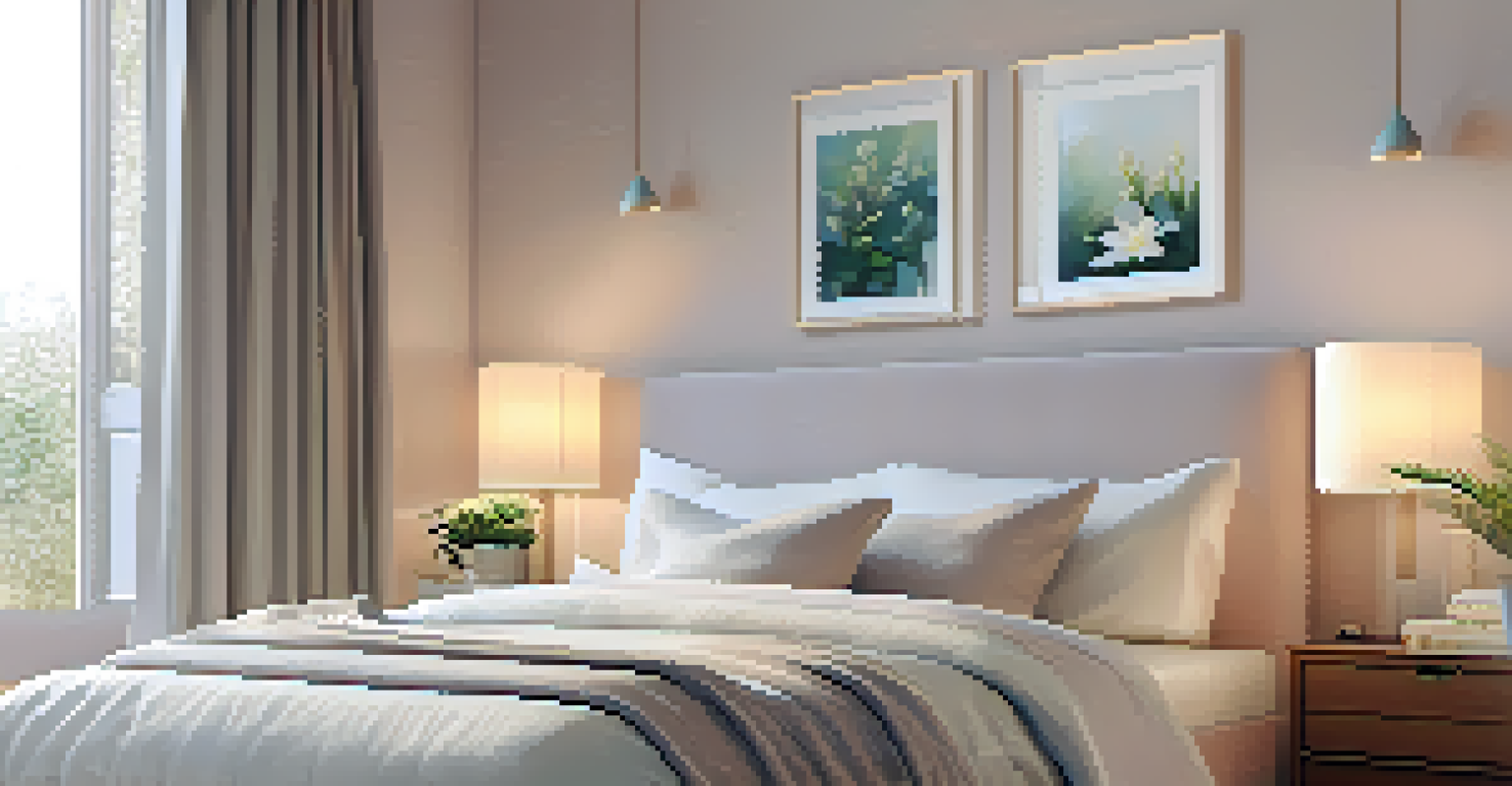 A serene bedroom with a jasmine candle on the nightstand, soft bed, and calming colors.