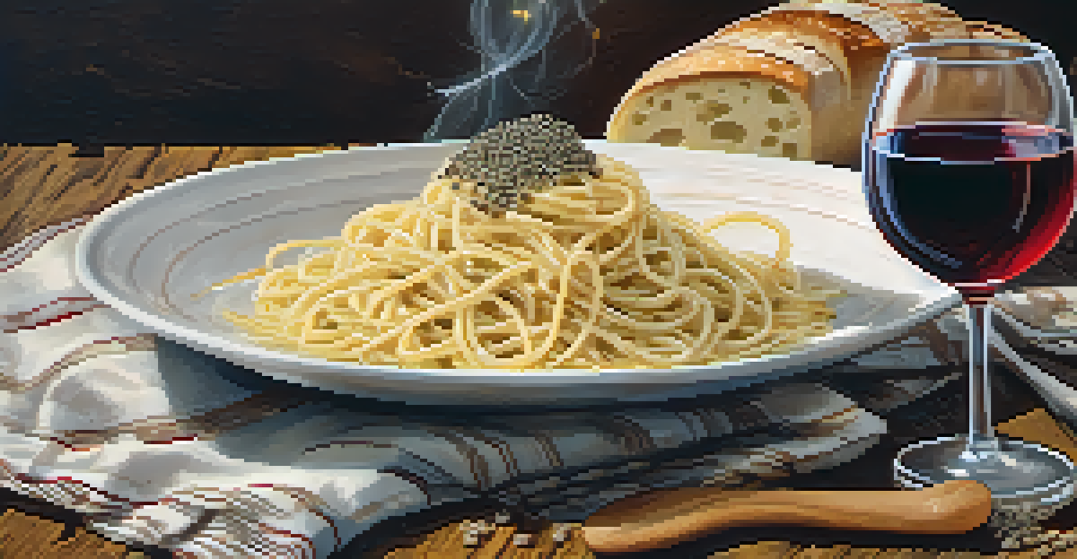 A plate of cacio e pepe pasta on a wooden table with cheese, pepper, wine, and bread.