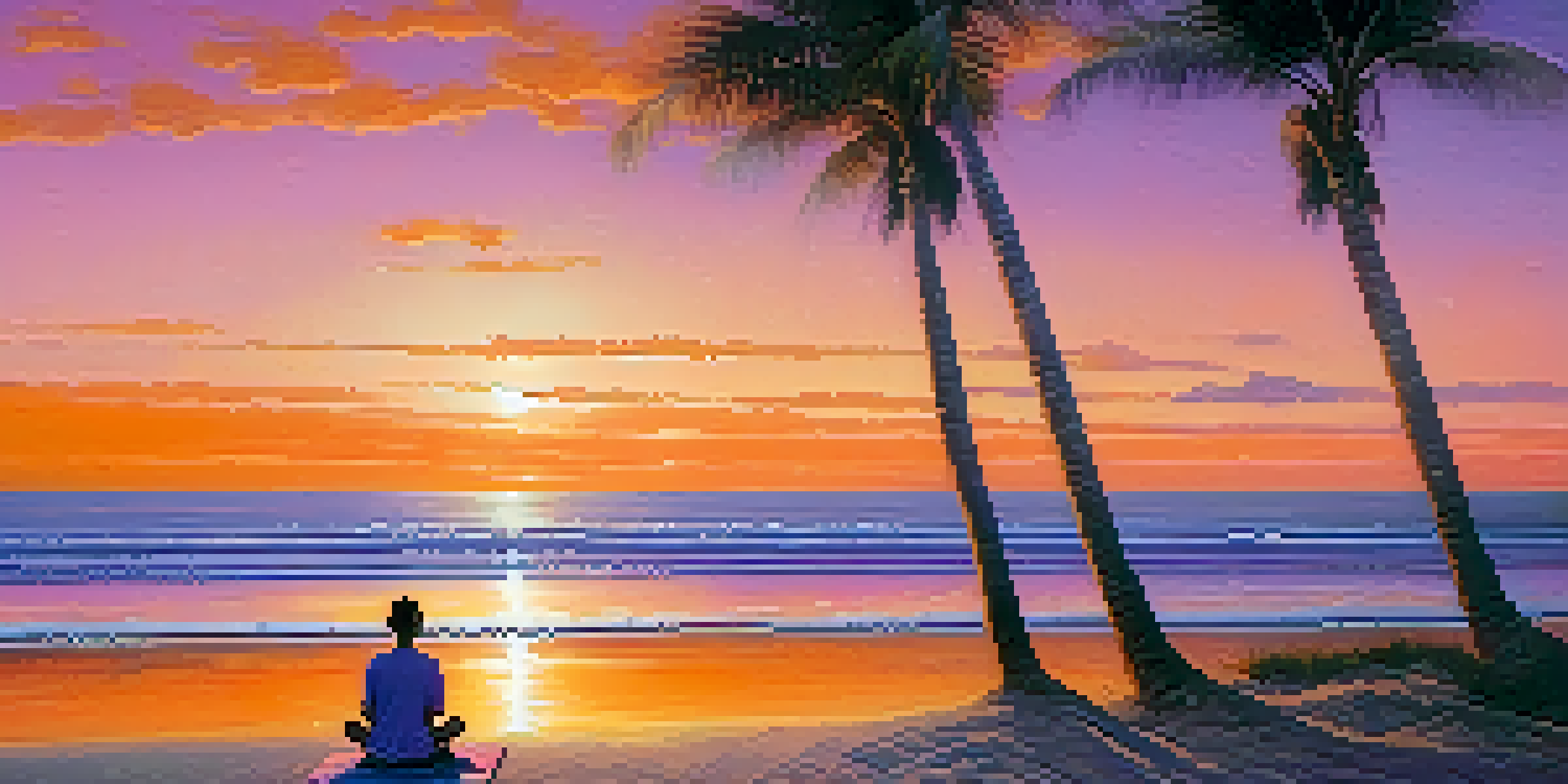A peaceful beach at sunset, featuring a person meditating on the sand with palm trees and colorful sky.