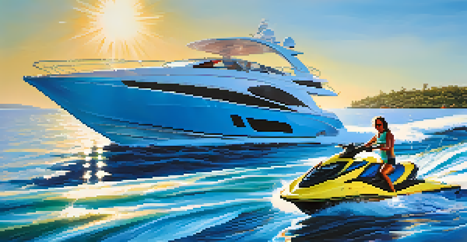 A family engaging in water sports with a luxury yacht in the background, featuring jet skiing and paddleboarding.