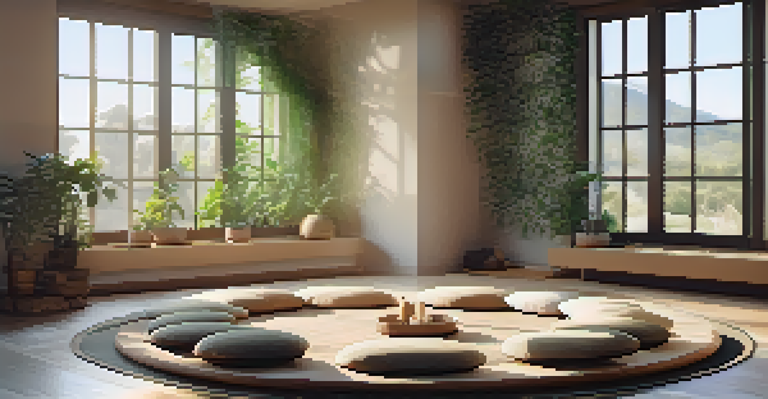 A meditation space in a holistic spa with cushions arranged in a circle, illuminated by soft sunlight, creating a peaceful setting.