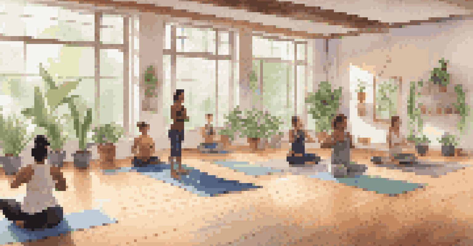 A bright yoga studio with individuals practicing yoga, surrounded by natural light and plants, promoting mindfulness.