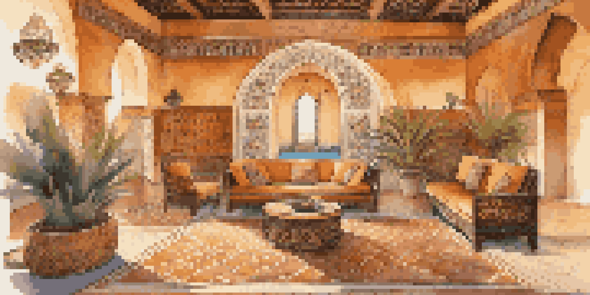 A warm and inviting lobby of a boutique hotel, decorated with Moroccan tiles and soft cushions, illuminated by golden light.