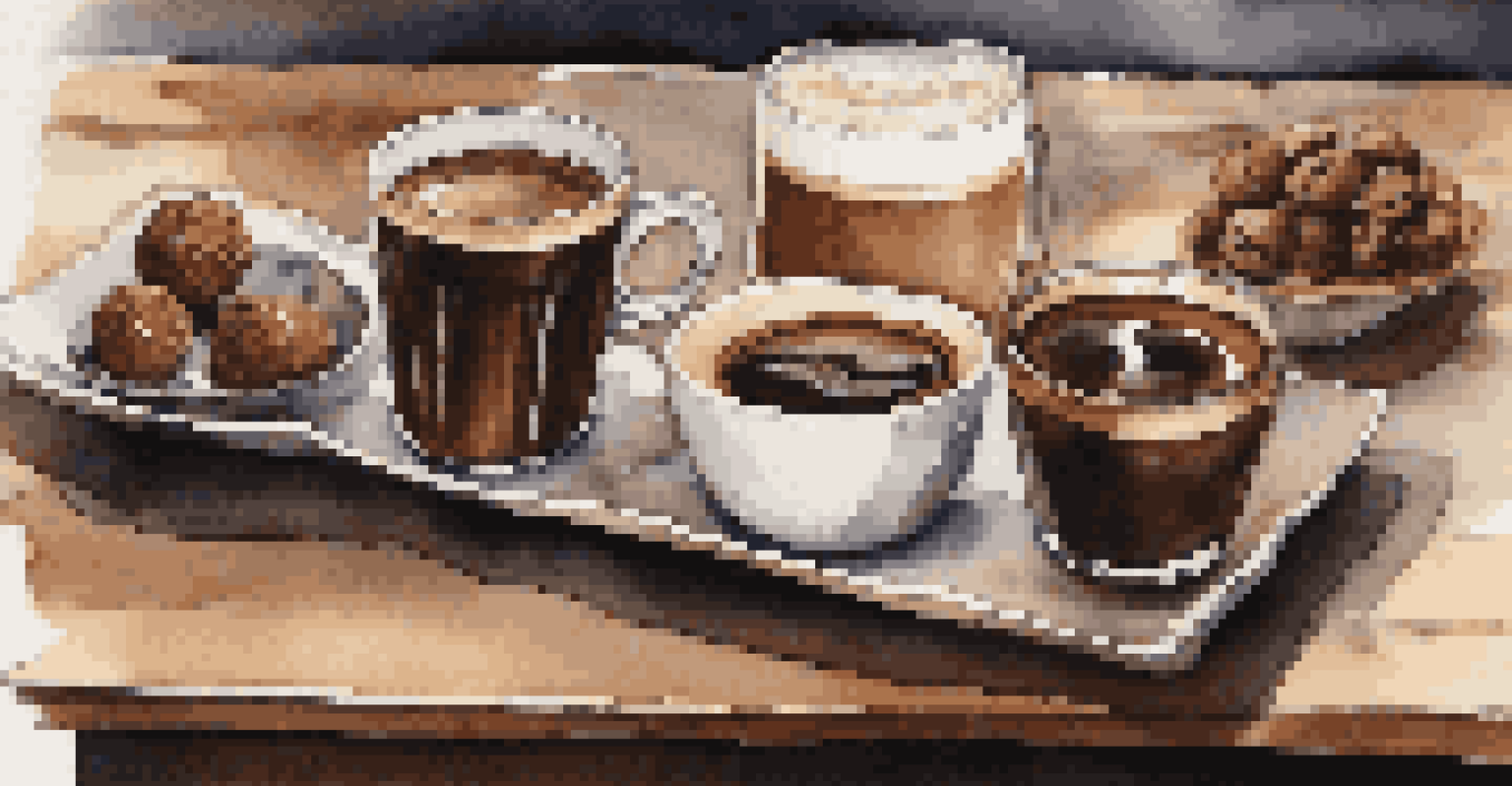 An elegant coffee tasting flight with artisanal cups, dark chocolate truffles, and fresh berries on a wooden table.