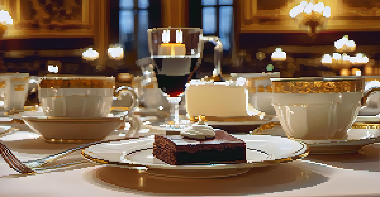 An elegant table setting at Café Central in Vienna with coffee, Sacher-Torte, and luxurious chandeliers.