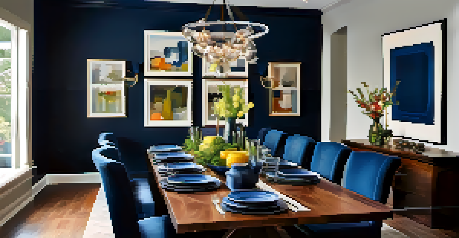 An elegant dining room with a deep navy blue wall, set with eco-friendly dinnerware and warm lighting.