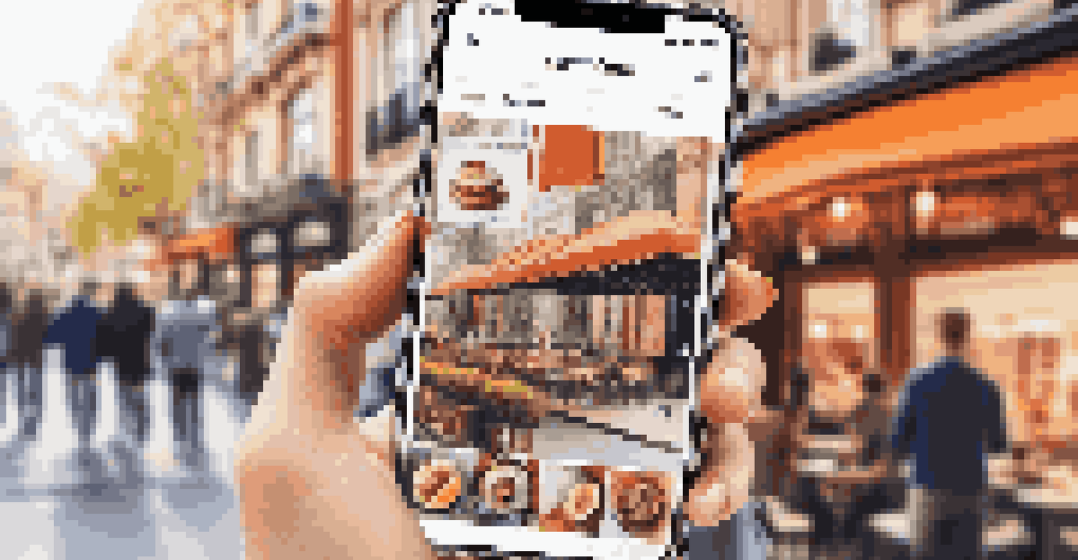 A smartphone displaying a lively social media feed with luxury brand posts, surrounded by a blurred urban environment.
