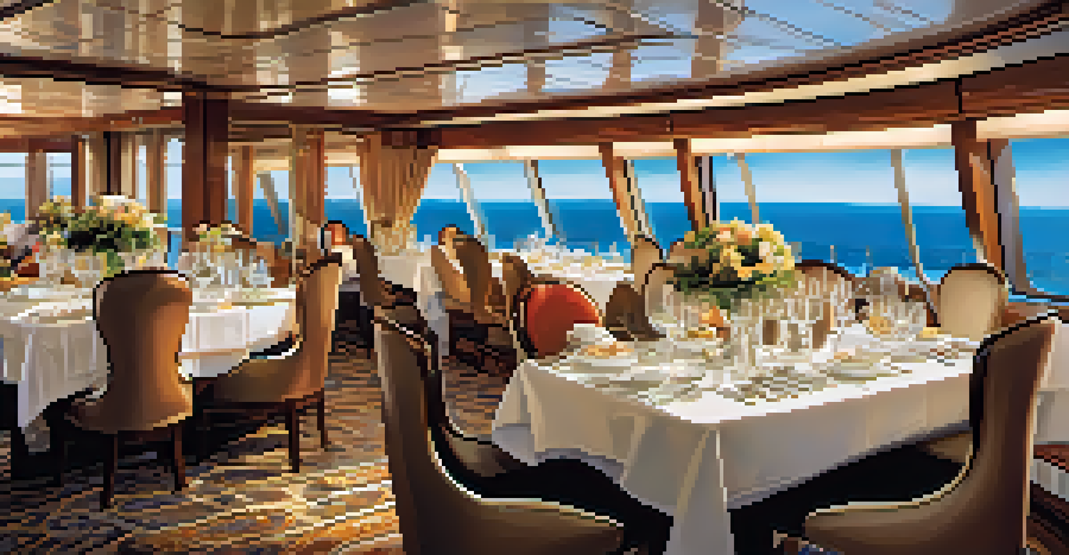 An elegant dining table on a luxury cruise ship, with fine china and a view of the ocean through windows.
