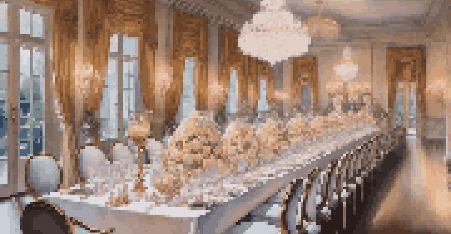 A beautifully arranged dining table for a luxury after-party with fine china, crystal glassware, and gourmet food.