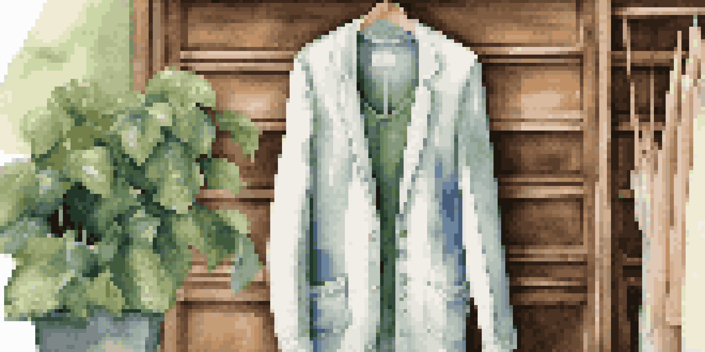 A close-up view of eco-friendly luxury clothing on a wooden hanger, surrounded by green plants.