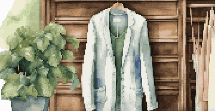 A close-up view of eco-friendly luxury clothing on a wooden hanger, surrounded by green plants.