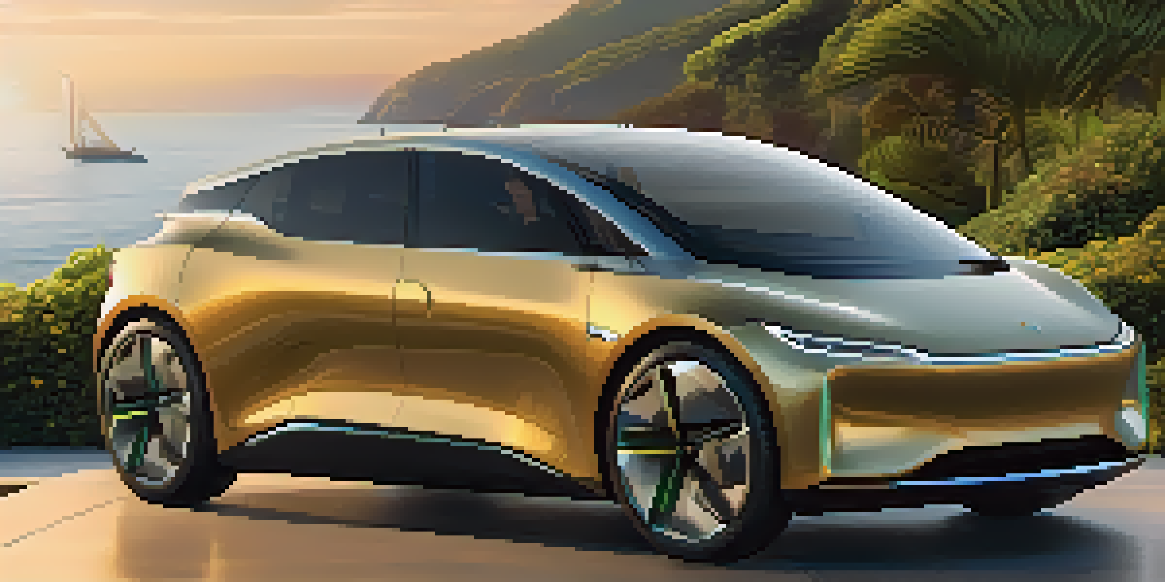 A luxurious electric vehicle in a scenic coastal setting during sunset, surrounded by greenery and ocean view.