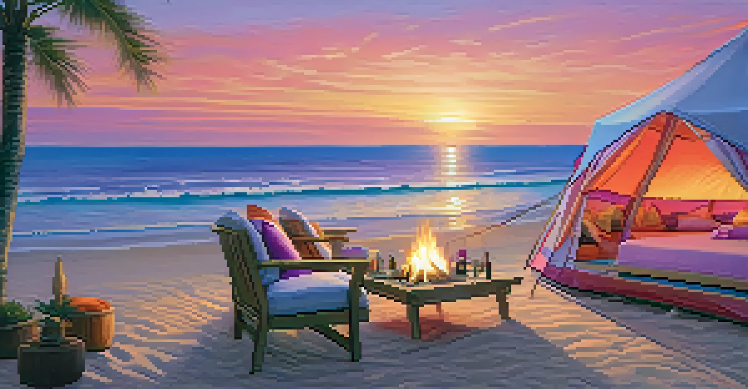 A glamping tent on the beach at sunset with outdoor furniture and a colorful sky.