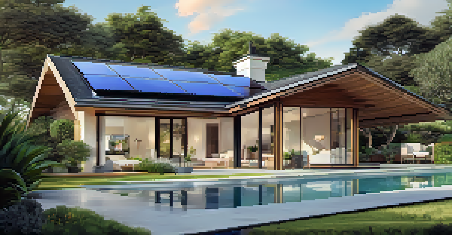A stylish home with integrated solar panels on the roof, surrounded by a lush garden, showcasing sustainable luxury living.