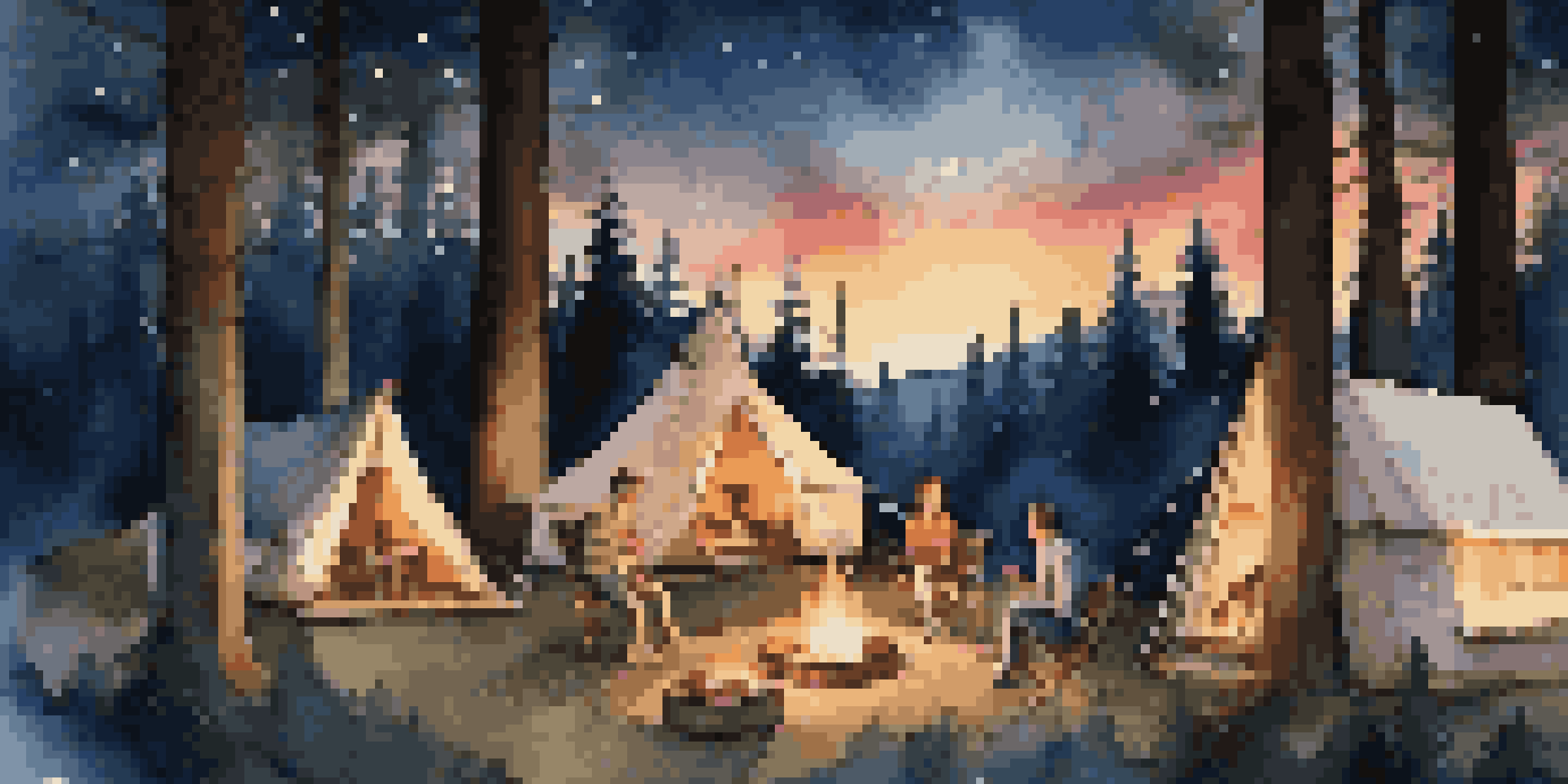 A family sitting around a campfire at a luxurious glamping site, enjoying s'mores under a starry sky.