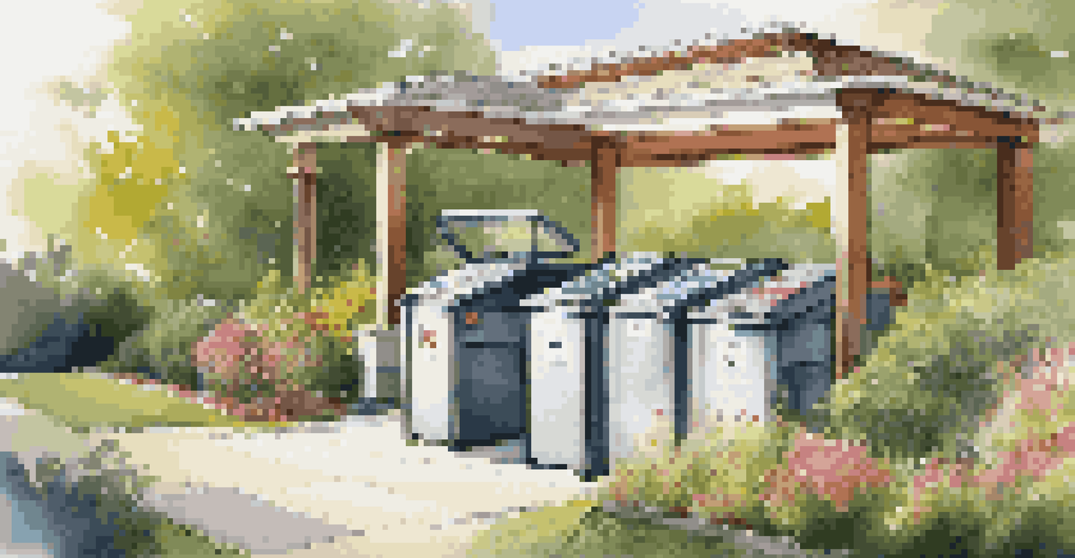An outdoor e-waste recycling station with labeled bins in a landscaped garden, surrounded by flowers.