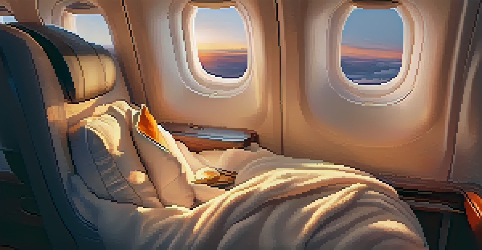 A cozy airplane interior with a neck pillow, cashmere blanket, and eye mask, set against a sunset view from the window.