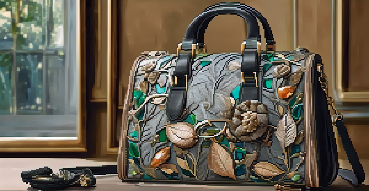A close-up of an upcycled luxury handbag on a wooden surface, showcasing intricate details and textures.