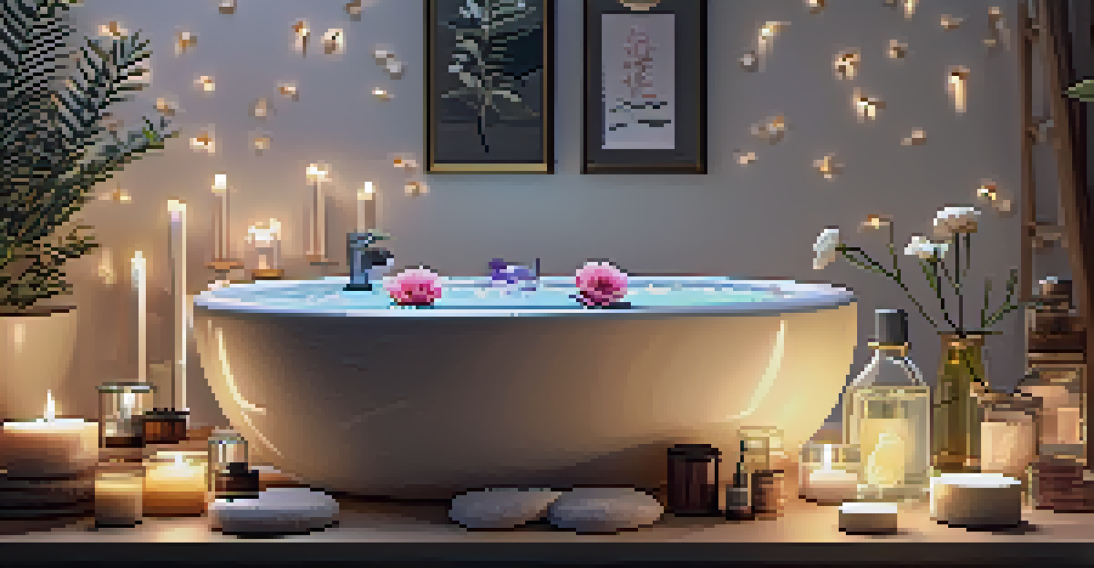 A relaxing home spa scene featuring a bubble bath with flower petals, candles, and skincare products, creating a tranquil ambiance.