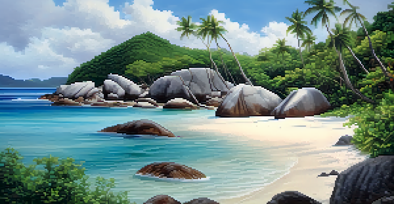 A tranquil beach in the Seychelles with granite boulders and clear waters surrounded by lush vegetation.