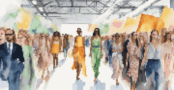 A lively fashion week runway featuring models in sustainable clothing with an engaged audience taking pictures.
