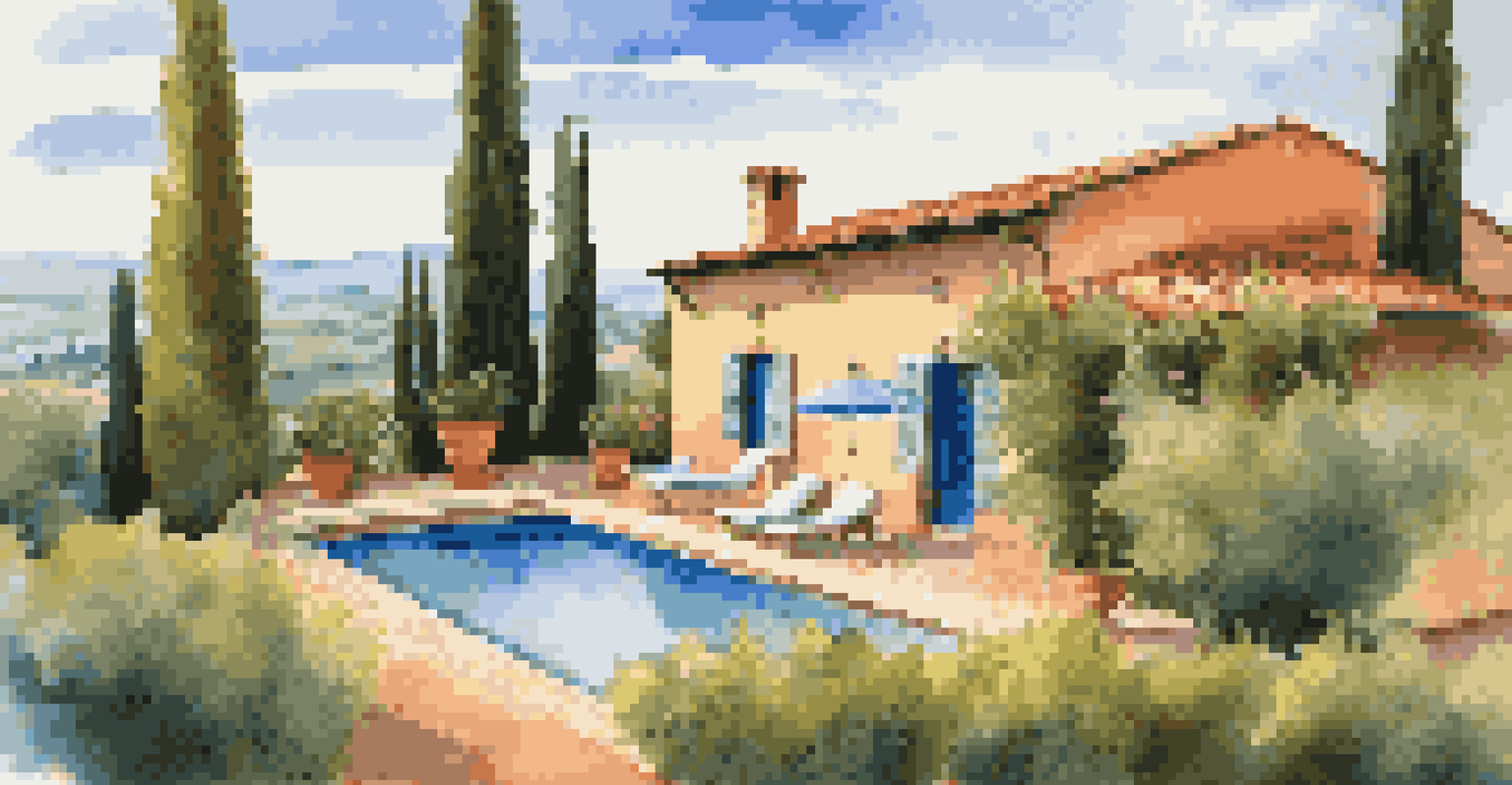 A picturesque villa in Tuscany surrounded by vineyards and olive trees, with a sparkling pool under a bright blue sky.