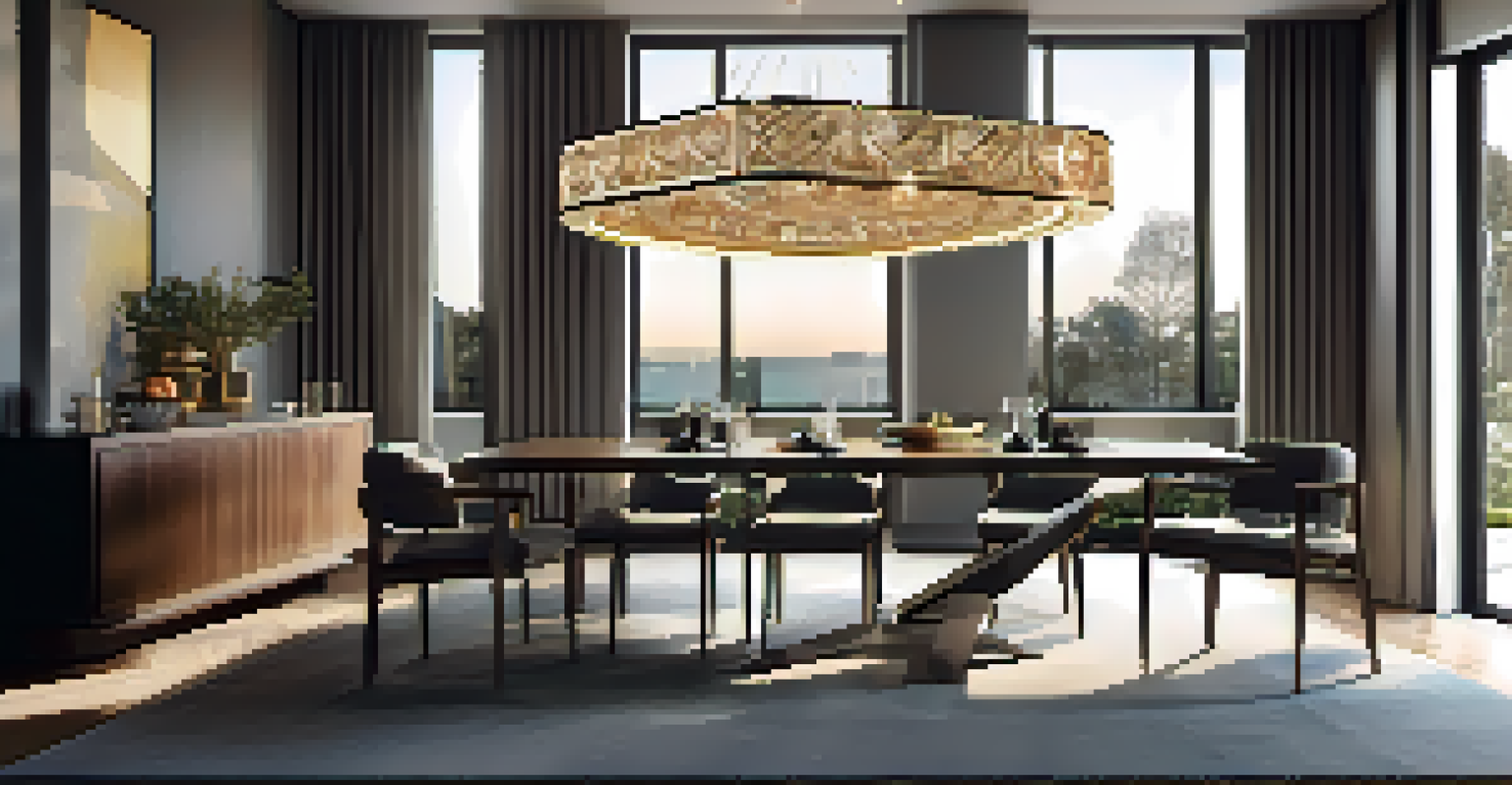 A geometric chandelier hanging in a modern dining room, illuminating a sleek dining table below.