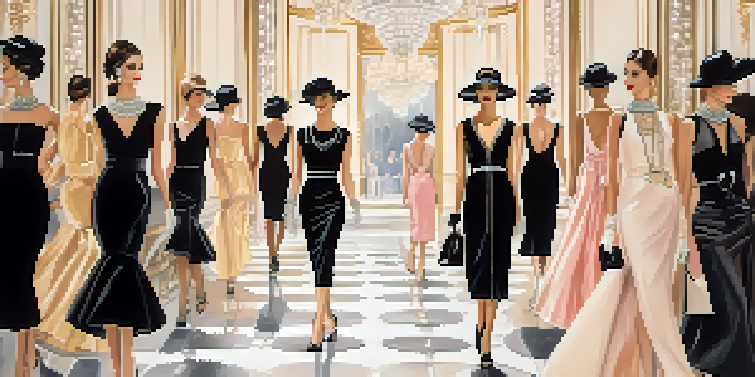 A fashion runway with models wearing elegant designs inspired by Coco Chanel, showcasing the timeless little black dress in a softly lit pastel environment.