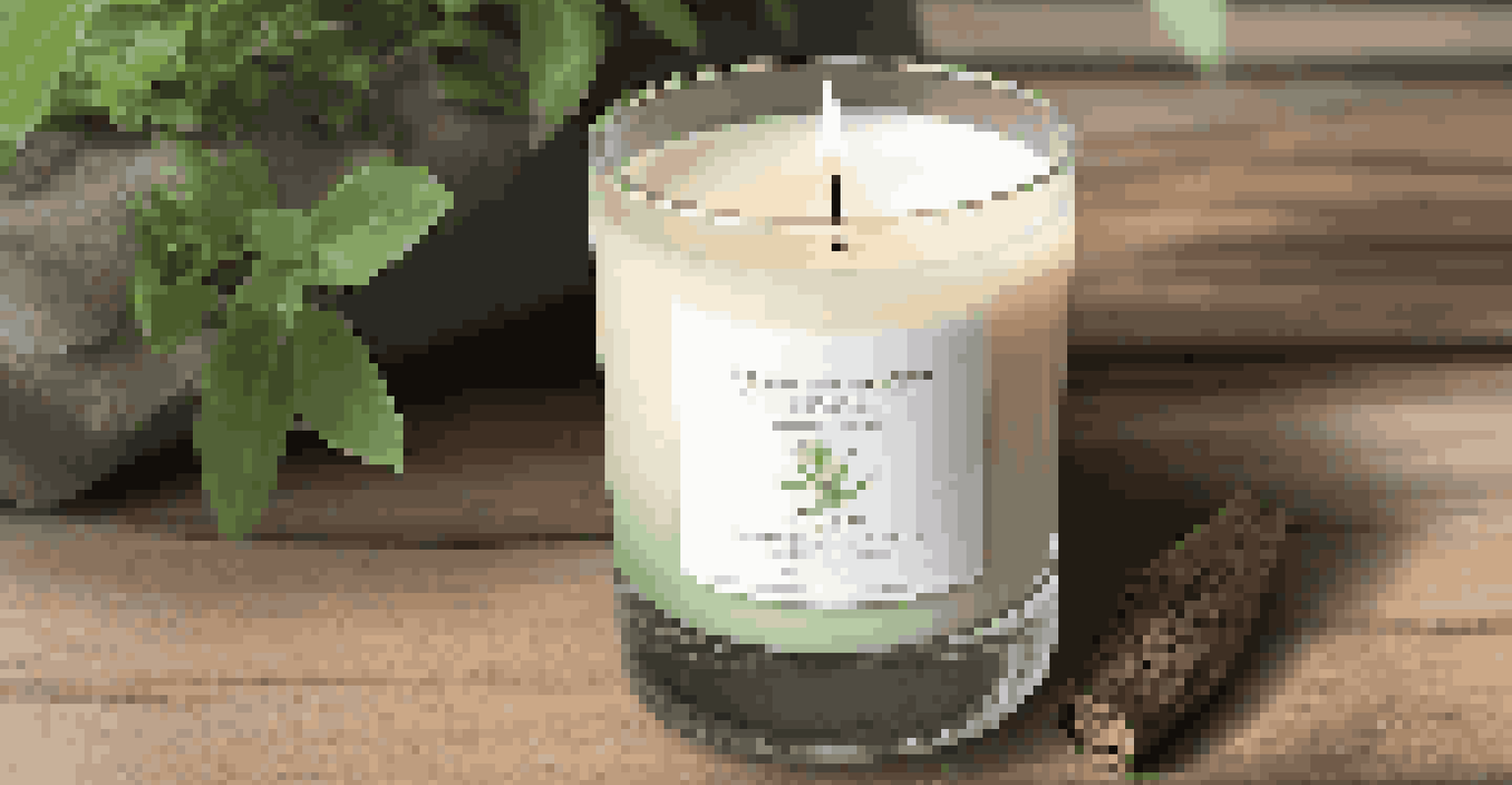 A minimalistic eco-friendly luxury candle on a rustic wooden table, surrounded by green plants, highlighting sustainability.