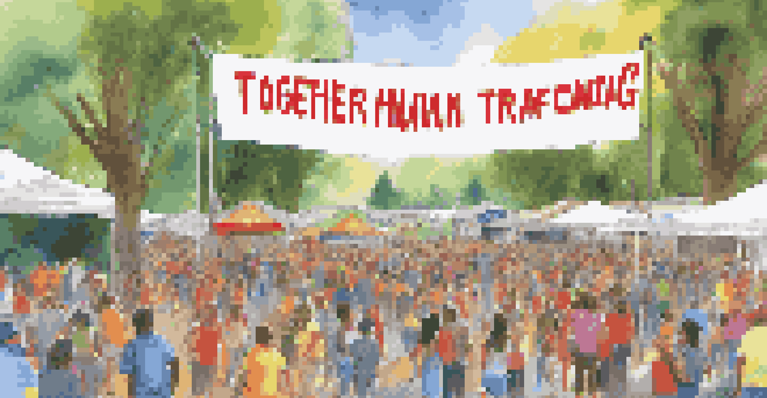 A community event with a banner against human trafficking, featuring diverse people engaging in awareness activities.